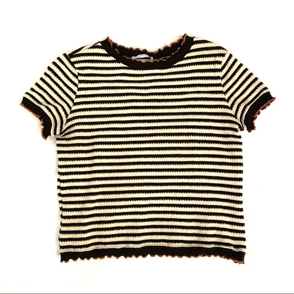 Zara Tops - Zara Striped Chenille Lettuce Hem Short Sleeve Top